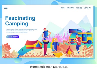 Web page design template for camping. Cartoon people resting together it the park.
