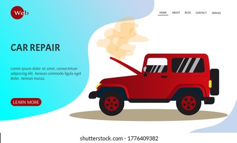 Web page design template for car repair. Broken car, Car repair concept. Vector illustration. 