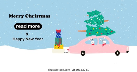 Web page design template.The car in which rabbits sit, carries Christmas trees and gifts. Vector illustration for poster, banner, website development.