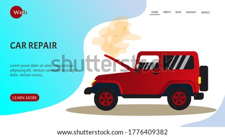 Web page design template for car repair. Broken car, Car repair concept. Vector illustration. 