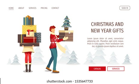 Web page design template for Christmas, New Year, Gifts, Winter holidays, Store and e-commerce. People with gift boxes and Christmas tree. Vector illustration for poster, banner, flyer, website.