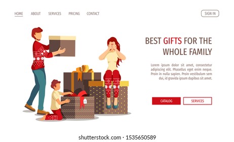Web page design template for Christmas, New Year, Gifts, Happy family, Winter holidays, Store. Parents with child and gift boxes. Vector illustration for poster, banner, flyer, placard, website.