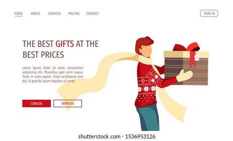 Web page design template for Christmas, New Year, Gifts, Winter holidays, Store and e-commerce. A man in winter clothes with gift box. Vector illustration for poster, banner, flyer, placard, website.