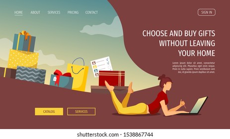 Web page design template for Christmas, New Year, Birthday gifts, Store, e-shop and e-commerce. Woman with laptop thinking about gifts. Vector illustration for poster, banner, flyer, website.