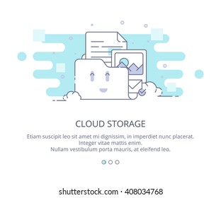 Web Page Design Template of Cloud Computing and Storage. Data Storage, Cloud Computing, Web Sites Hosting. Flat Layout Style, Line Business Concept, Vector Illustration.