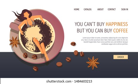 Web page design template for coffee, cafe bar, coffee shop and e-commerce. Woman bathing in a cup of coffee, beans and star anise. Vector illustration for poster, banner and website.