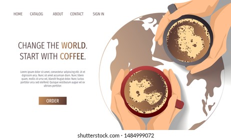 Web page design template for coffee, cafe bar, coffee shop and e-commerce. Top view on hands holding a cup of coffee. Vector illustration for poster, banner and website.