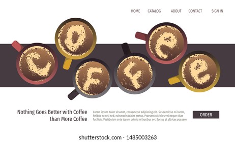 Web page design template for coffee, cafe bar, coffee shop and e-commerce. Group of coffee mugs with cream letters. Vector illustration for poster, banner and website.