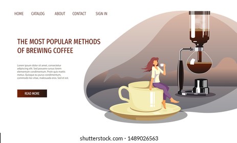 Web page design template for coffee brewing methods, coffeemakers, Vacuum pot and coffee shop. Woman sitting on the edge of a cup and drinking coffee brewed in Syphon. Poster, banner, website design.