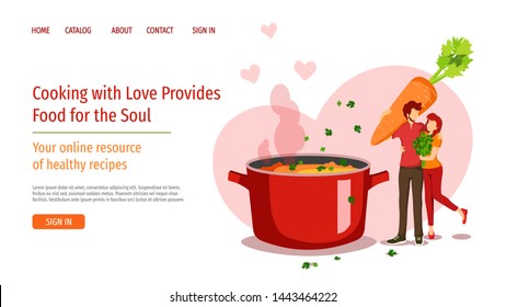 Web page design template for cooking, healthy recipes. Pan with soup and young couple with vegetables. Vector illustration for poster, banner, website development.