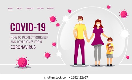 Web page design template for Coronavirus, Medicine, Health care, Family. Young family in masks and viruses. Vector illustration for poster, banner, website, flyer, cover.