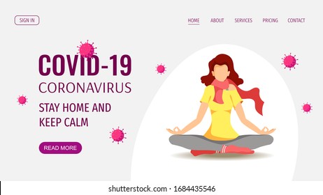 Web page design template for Coronavirus, Covid-19, Quarantine, Health care. Meditating young woman in scarf and viruses. Vector illustration for poster, banner, website, flyer.