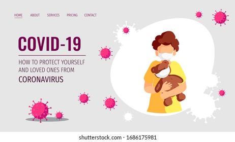 Web page design template for Coronavirus, Medicine, Health care, Family. Little boy with teddy bear in masks and viruses. Vector illustration for poster, banner, website, flyer, cover.