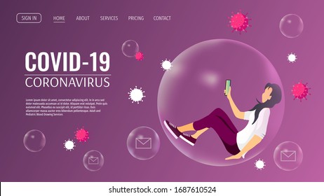 Web page design template for Coronavirus, Medicine, Health care, Quarantine. Young woman in bubble and viruses. Vector illustration for poster, banner, website, flyer.
