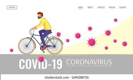 Plantilla de diseño de página web para Coronavirus, Medicina, Salud, Inmunidad. Joven montando máscaras y virus. Ilustración vectorial para afiche, banner, sitio web, volante.