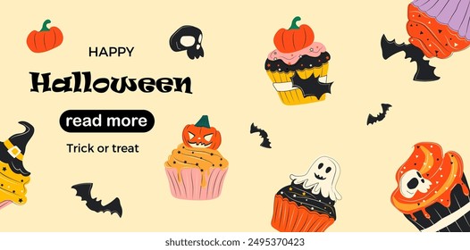 Web page design template. Cute halloween cupcakes cartoon characters. Vector illustration for poster, banner, website development. Food Halloween