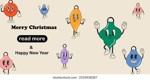 Plantilla de diseño de página de Web. Bolas de Navidad de dibujos animados lindos. Emociones felices y alegres. Ilustración vectorial para carteles, Anuncio, desarrollo de Sitios web.