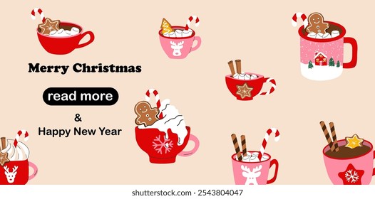 Web page design template. Cute holiday mug with a flat cartoon style, featuring a Christmas hot drink