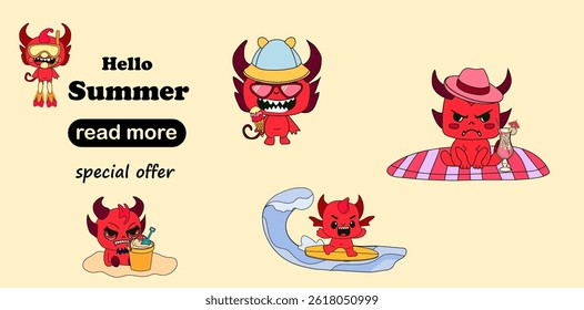Web page design template. Cute devil characters enjoying a fun summer beach holiday