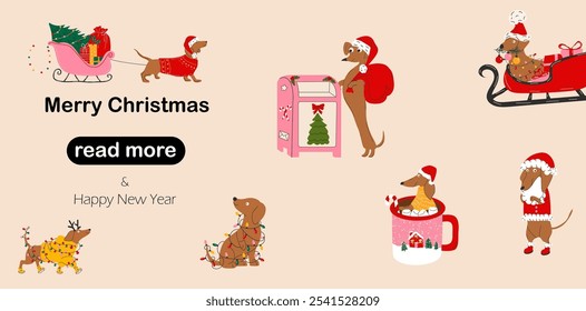 Web page design template. Dachshund dogs with christmas decorations.