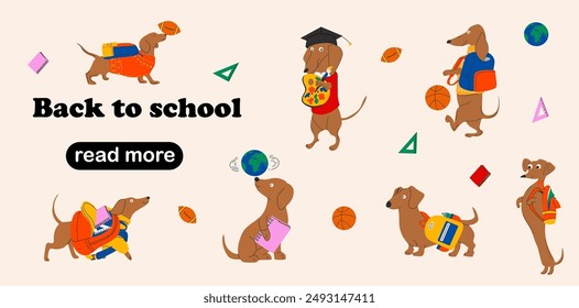 Web page design template for Dachshunds dog ready for school with school stationery. Vector illustration for poster, banner, website development. Back to school.