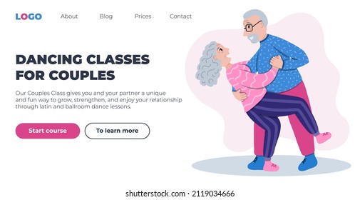 Web page design template for dancing courses. Retired senior couple dancing together. Grandpa does dance support, grandma arches back. Illustration concept for websites, landing pages, mobile apps.