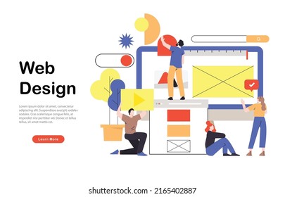 Web page design template for designing and programming vector illustration. Team working on mobile application, coding and prototyping web page. Web landing page design