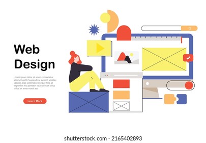 Web page design template for designing and programming vector illustration. Woman working on mobile application, coding and prototyping web page. Web landing page design