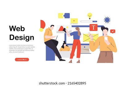 Webseitendesign-Vorlage für das Entwerfen und Programmieren von Vektorgrafiken. Team arbeitet an mobilen Applikations-, Kodierungs- und Prototyping-Webseiten. Web-Landing-Page-Design