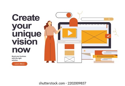 Web page design template for designing and programming vector illustration. Woman working on mobile application, coding and prototyping web page. Web landing page design	