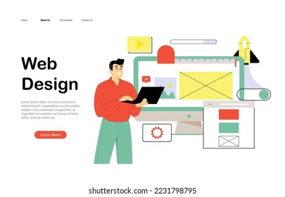 Web page design template for designing and programming vector illustration. Man working on mobile application, coding and prototyping web page. Web landing page design	