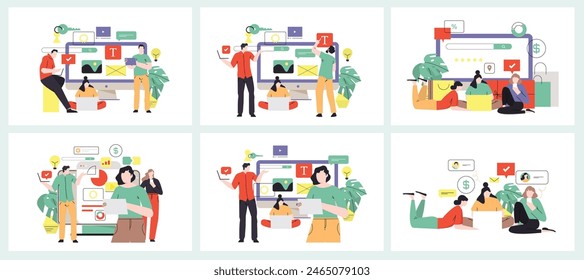 Plantilla de diseño de página de Web para diseñar y programar Ilustración vectorial. Hombre trabajando en aplicación móvil, codificación y prototipado página de Web. Diseño de landing page de Web.