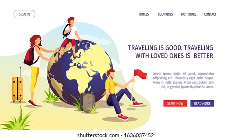 Web page design template for discovery, World Tourism Day, travel and happy family. Parents with son sitting on the globe. Vector illustration for banner, poster, website, commercial, advertisement.