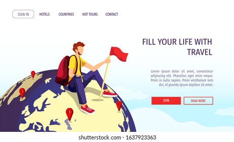 Web page design template for discovery, World Tourism Day, travel. Young man sitting on the globe with red flag. Vector illustration for banner, poster, website, commercial, advertisement.