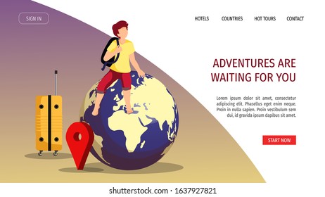Web page design template for discovery, Tourism agency, Travel. Boy sitting on the globe, location sign and suitcase. Vector illustration for banner, poster, website, commercial, advertisement.