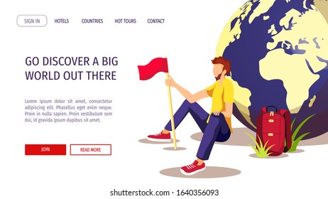 Web page design template for discovery, World Tourism Day, Travel agency. Young man sitting near the globe with red flag. Vector illustration for banner, poster, website, commercial, advertisement.