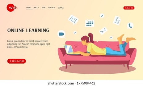 Web page design template for distance education, training, language courses. Girl with laptop lying on the sofa and learning. Vector illustration. 