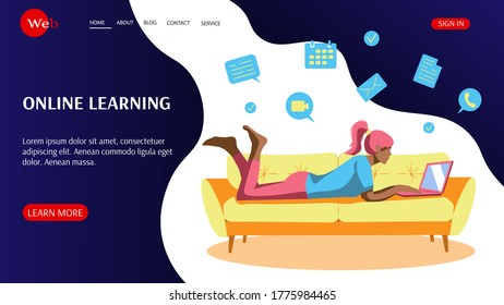 Web page design template for distance education, training, language courses. Girl with laptop lying on the sofa and learning. Vector illustration. 