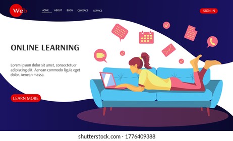Webseitendesign-Vorlage für Fernunterricht, Fortbildung, Sprachkurse. Mädchen mit Laptop liegt auf dem Sofa und lernt. Vektorgrafik. 