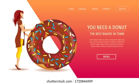 Web page design template for Donut Shop, Sweet products, Bakery, Confectionery, Dessert. Woman with huge chocolate donut. Vector illustration for poster, banner, website, commercial, menu. 