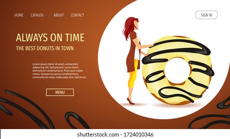 Webpage Design-Vorlage für Donut Shop, Süßigkeiten, Bäckerei, Süßwaren, Dessert. Frau mit riesigem SchokoladenDonut. Vektorgrafik für Poster, Banner, Website, Werbung, Menü. 