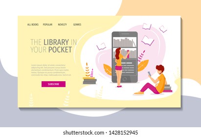 Web page design template for E-book reader apps, E-library, book lovers. Mobile phone e-book reader application and people choosing and reading books. Can be used for poster, banner, website.