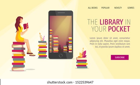 Web page design template for E-book reader apps, E-library, book lovers. Mobile phone ebook reader application, piles of books and woman reading book. Vector illustration for poster, banner, website.