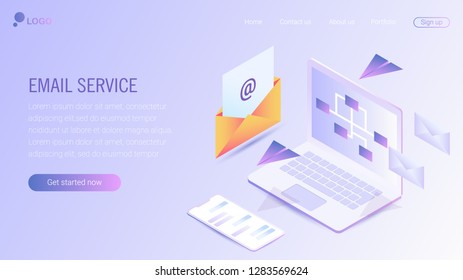 Web page design template. Email service isometric vector illustration. Webmail or mobile service layout for website landing header. EPS 10.