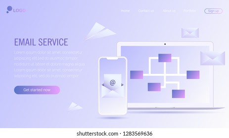 Web page design template. Email service isometric vector illustration. Webmail or mobile service layout for website landing header. EPS 10.