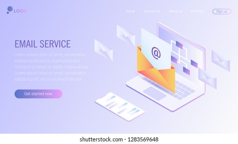 Web page design template. Email service isometric vector illustration. Webmail or mobile service layout for website landing header. EPS 10.