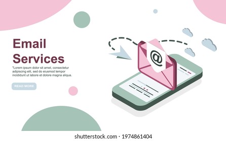 Web page design template. Email service isometric vector illustration. Webmail or mobile service layout for website landing header. EPS 10.