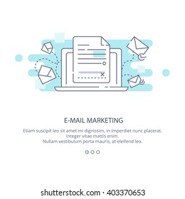 Web page design template of e-mail marketing and news letter advertising. Communication concept, sharing spam, information dissemination, business promotion, sending email in flat layout style. 