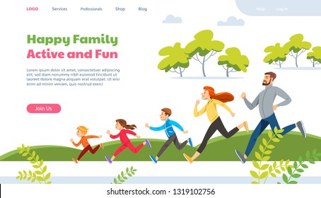Web page design template for family running activity vector illustration. Modern cartoon style design of health family activity can use for website, mobile, ads, banner, mobile website development. 