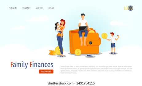 Web page design template for Family Finances, Capital, Profits and Savings with young family, purse and cash. Vector illustration in a flat style for poster, banner, presentation, flyer.